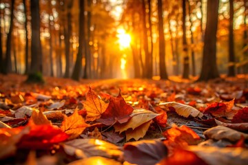 Golden sunlight filtering through an autumn forest, illuminating a path covered in fallen colorful leaves, creating a warm and magical atmosphere