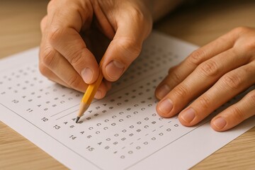 Close-up of hand filling out multiple choice answers on standardized test sheet with pencil. Paper and wood surface visible. Concept of exams, assessment, and education testing