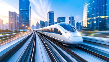 Modern high speed train traveling through a futuristic city skyline at sunset with motion blur