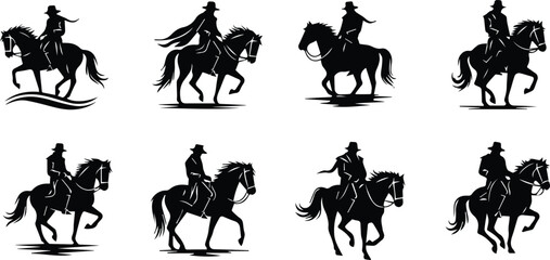  collection of cowboy silhouettes on horseback, isolated on white background vector illustration