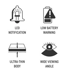 Wide Angle, Ultra-thin, Led Notice, Low Battery - icons in monochrome style