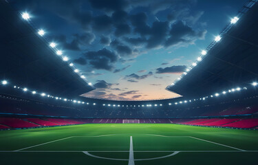 Empty Soccer Stadium Field with Bright Lights at Sunset Football Arena Green Grass Sport Venue Game Background Night Sky