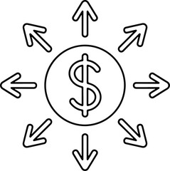 Dollar coin with outward radiating arrows symbolizing financial growth and distribution