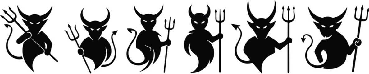  collection of black devil silhouettes with pitchforks and horns, isolated on white background vector illustration