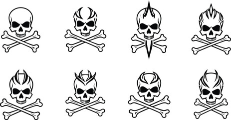  collection of eight skull and crossbones illustrations with punk and gothic style elements, isolated on white background vector illustration