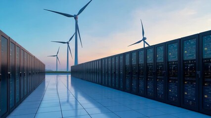 A futuristic data center powered by wind turbines, showcasing the integration of renewable energy in technology infrastructure, promoting sustainability and innovation. - Powered by Adobe
