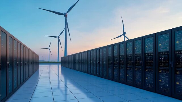 A futuristic data center powered by wind turbines, showcasing the integration of renewable energy in technology infrastructure, promoting sustainability and innovation.