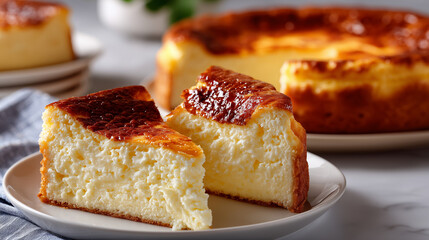 basque cheesecake slice with slightly melted creamy edge, golden brown top, clean soft light background, appetizing minimal close-up shot 