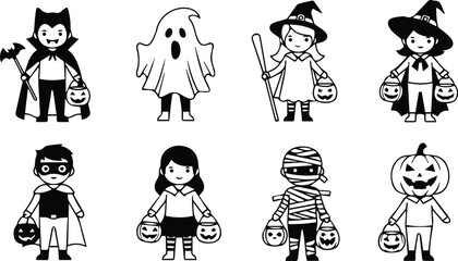  collection of cute cartoon children in various halloween costumes, including vampire, ghost, witch, mummy, superhero, and pumpkin, isolated on white background vector illustration