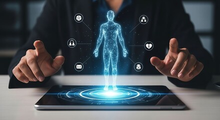 Businessman Analyzing a Digital Human Body Hologram on a Tablet