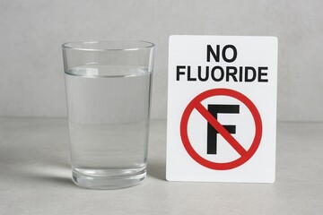 No Fluoride Drinking Water, Glass of clean drinking water next to sign that reads "No Fluoride" with a crossed-out letter F. Plain background. Concept of purified water and fluoride-free drinking