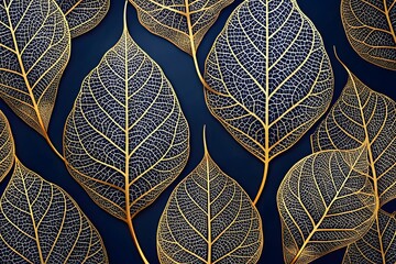 Intricate golden skeletonized leaf patterns with visible veins against a dark navy blue background, creating an elegant and luxurious decorative design