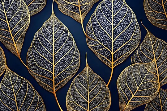 Intricate golden skeletonized leaf patterns with visible veins against a dark navy blue background, creating an elegant and luxurious decorative design
