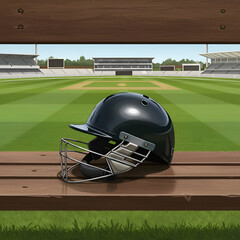Cricket helmet resting on a wooden bench in a stadium setting. A professional cricketer's protective gear positioned in a sports venue.