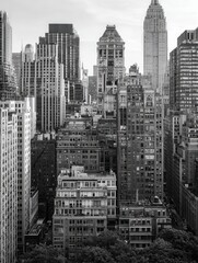 Black and white photograph featuring New York City's iconic buildings