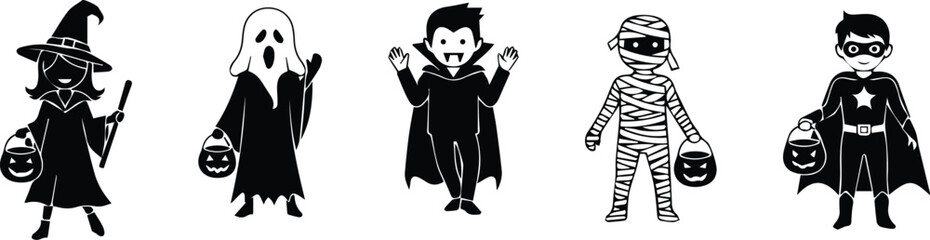 children in halloween costumes trick or treating, isolated on white background vector illustration