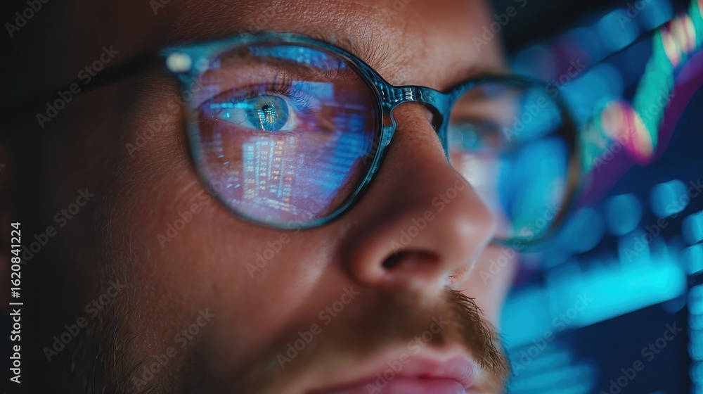 Aufkleber focused crypto trader analyst wearing eyeglasses working looking at computer screen reflecting in gl