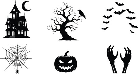  collection of halloween icons including haunted house, spooky tree, bats, spiderweb, pumpkin, and hands, isolated on white background vector illustration
