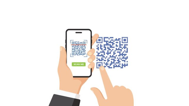 4k animation of a person using a smartphone to scan a QR code.