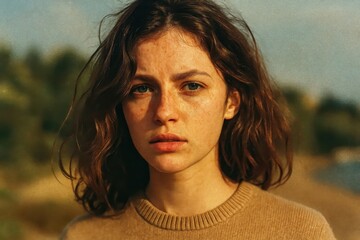 Close-up portrait of young white woman with brown wavy hair, wearing a tan sweater. Natural lighting and blurred background. Concept of authenticity, youth, and natural beauty