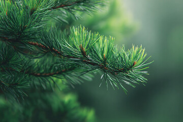Close up of pine tree branch with lush green needles captured in realistic style and fine detail