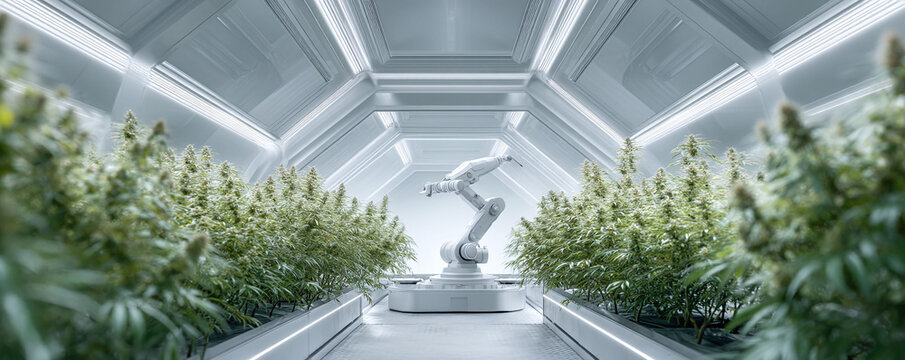 Futuristic indoor farm scene showcasing a robotic arm amidst lush green plants in a hightech, illuminated environment. Symbolizes innovation, automation, and controlled agriculture.