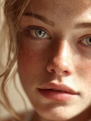 Fototapeta premium Natural beauty portrait featuring a young woman with glowing skin and soft lighting captured indoors