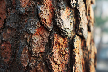 Close up of pine tree trunk with rugged bark texture captured in realistic detail and earthy tones