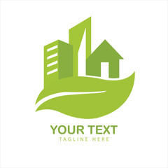 Green city on leaf, sustainable living and eco-friendly buildings logo