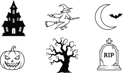  assortment of classic halloween icons including a haunted house, witch, moon, bat, pumpkin, tree, and tombstone, isolated on white background vector illustration