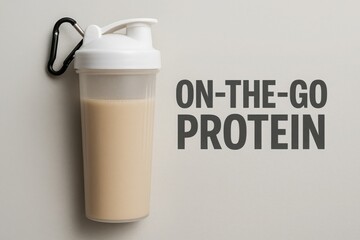 Plastic shaker bottle filled with protein shake, white lid and black carabiner attached. Text reads "On-the-go protein." Neutral background. Concept of fitness and nutrition