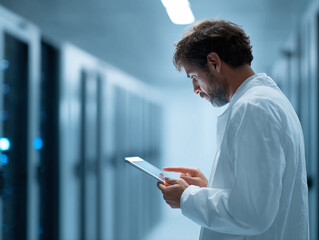 Man in lab coat uses a tablet in a server room. Concept for technology, science, medicine, data analysis, and connectivity. Cool tones, modern feel.