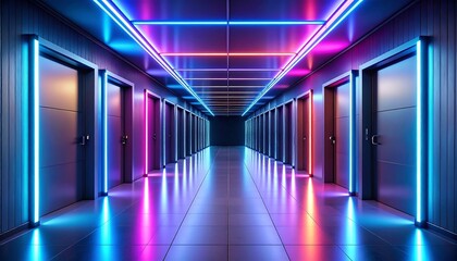 Neon hallway with doors