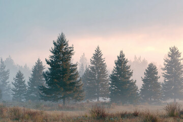 Morning mist rolling through a realistic pine forest creating a soft dreamy nature scene