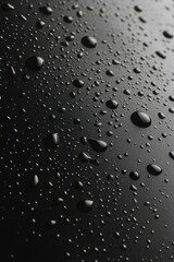 Water droplets resting on a dark, metallic surface creating a cool, calming effect