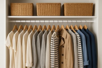 Organized wardrobe with neutral-toned shirts, jackets, and sweaters on wooden hangers. Woven storage baskets on top shelf. Concept of minimalism and home organization
