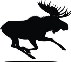 A silhouette vector of A dynamic silhouette of a moose captured mid-sprint shows the powerful animal with all four legs stretched in full gallop stride