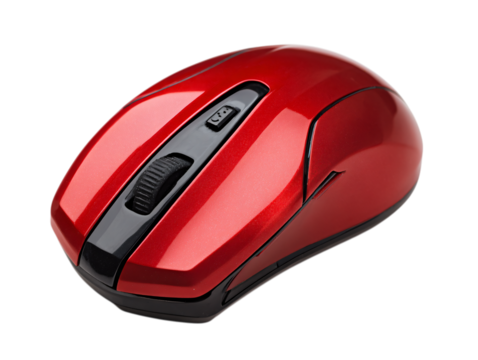 Sleek red wireless computer mouse with scroll wheel and DPI button, perfect for gaming and office use.