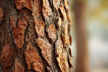 Pine bark with rough texture shown in lifelike style under soft forest lighting and calm setting