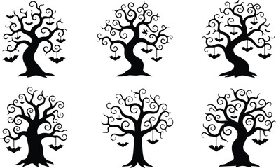 six spooky halloween trees with bats hanging from branches, isolated on white background vector illustration