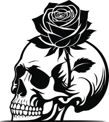 Skull Side Profile Silhouette with Wrapped Rose – Gothic Floral Vector
