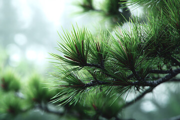 Pine branch with vibrant green needles shown in natural light and peaceful woodland atmosphere