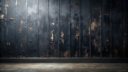 Dark weathered wooden wall with peeling black paint and textured surface