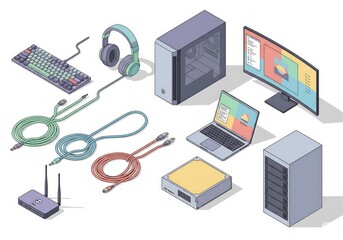 Eight isometric tech items bundle: keyboard, headset, desktop PC, wide monitor, laptop, wires, dual antenna router, server