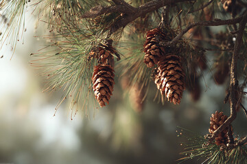 Pine cones hanging from realistic pine branches with soft sunlight in a natural woodland setting