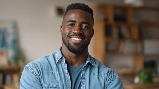 Smiling cheerful young adult african american ethnicity man looking at camera standing at home office background. Happy confident black guy posing for headshot face front close up portrait., no logos