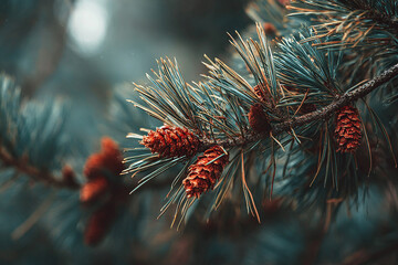 Pine tree branch in focus showing fine needle texture and lifelike details in calm setting