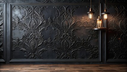 Black ornate damask patterned wall with embossed texture and lighting