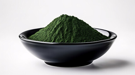 Spirulina powder in black bowl on white background