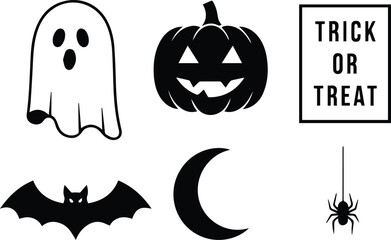  halloween graphic elements including a ghost, pumpkin, bat, moon, spider, and trick or treat text, isolated on white background vector illustration